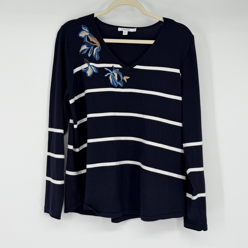 Chicos Navy Blue Striped Floral Embroidered V-Neck Sweater Top Size 2 Large L‎